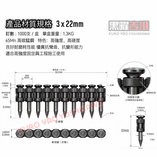 3*22MM 黑曜連續排釘